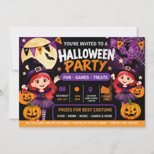 ハロウィンパーティーキッズ招待状 | かわいいスプーキー サンキューカード (正面)