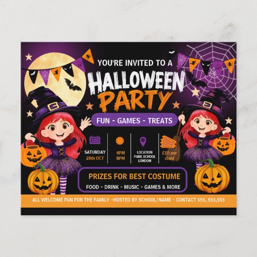 ハロウィンパーティーキッズ招待状 | かわいいスプーキー チラシ (正面)