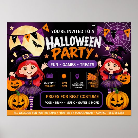 ハロウィンパーティーキッズ招待状 | かわいいスプーキー ポスター (正面)