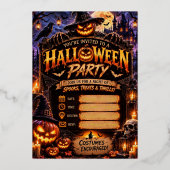 🎃 ハロウィンパーティー招待状（編集可能） | スプーキー 箔招待状 (正面)