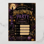 🎃 ハロウィンパーティー招待状 2026 編集可能 | スプー 箔招待状 (正面)