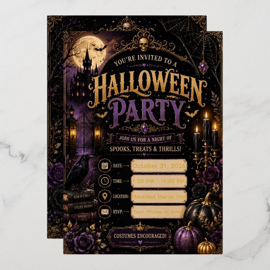 🎃 ハロウィンパーティー招待状 2026 編集可能 | スプー 箔招待状 (正面/裏面)
