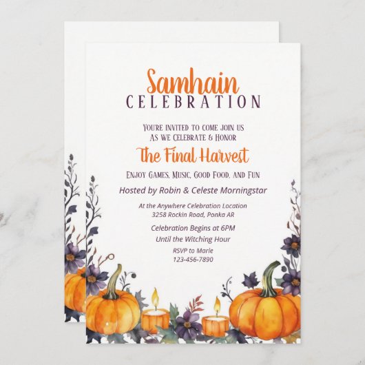ハロウィンパーティー秋フローラカボチャ&キャンドル 招待状 (正面/裏面)