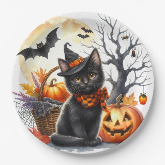 ハロウィンパーティー紙皿 かぼちゃと黒猫 ペーパープレート (正面)