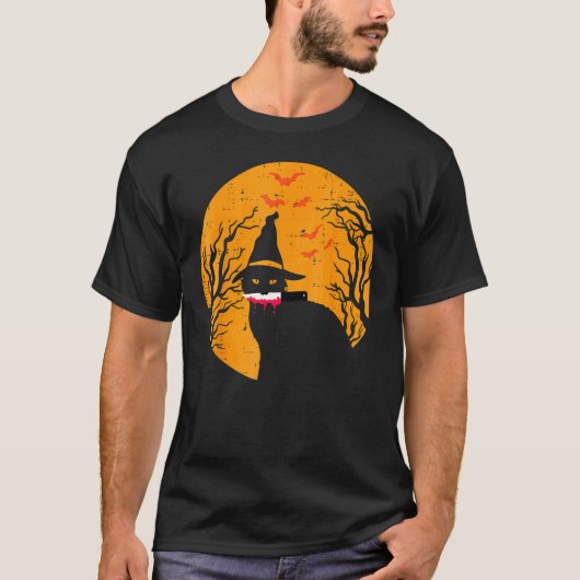 ハロウィンパーティー おばけ猫 魔女の帽子と月 Tシャツ (正面)