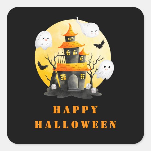 ハロウィンパーティー お化け屋敷と幽霊 スクエアシール (正面)
