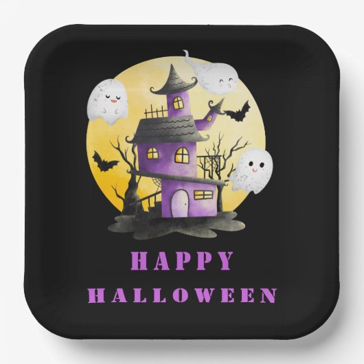 ハロウィンパーティー お化け屋敷と幽霊 ペーパープレート (正面)