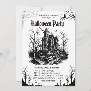 ハロウィンパーティー お化け屋敷 ブラック ホワイト ゴシック 招待状