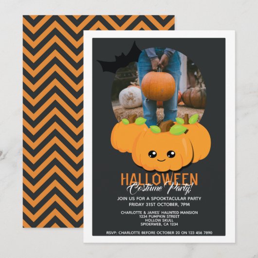 ハロウィンパーティー かぼちゃとコウモリのカスタムデザイン 招待状 (正面/裏面)