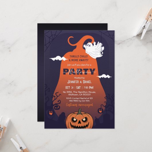 ハロウィンパーティー カボチャ おばけ 墓場 紫 招待状 (正面/裏面インサイチュ)