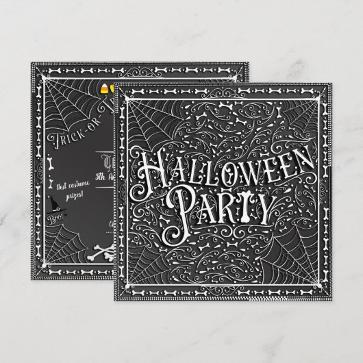 ハロウィンパーティー クモの巣と骨 黒と白 招待状 (正面/裏面)