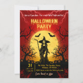 ハロウィンパーティー ゴシックウィッチ 満月 コウモリ 怖い 招待状 (正面)