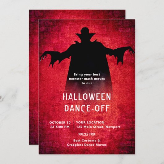 ハロウィンパーティー モンスター ダンス ドラキュラ 赤 黒 招待状 (正面/裏面)