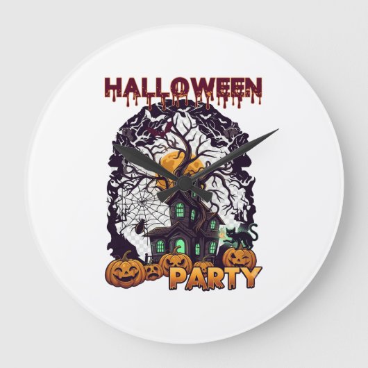 ハロウィンパーティー 幽霊の家の木 カボチャ 黒 ラージ壁時計 (正面)