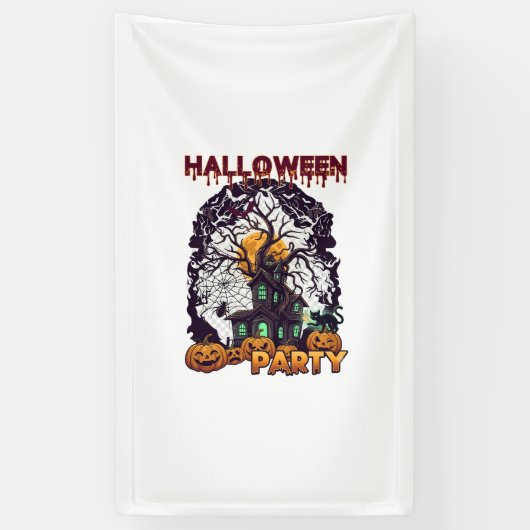 ハロウィンパーティー 幽霊の家の木 カボチャ 黒 横断幕 (縦)