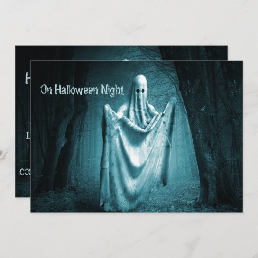 ハロウィンパーティー 怖い幽霊 濃い青の夜 黒 招待状 (正面/裏面)