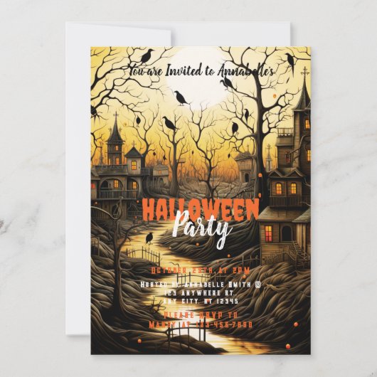 ハロウィンパーティー:牧歌的な村の蝙蝠と落日 招待状 (正面)