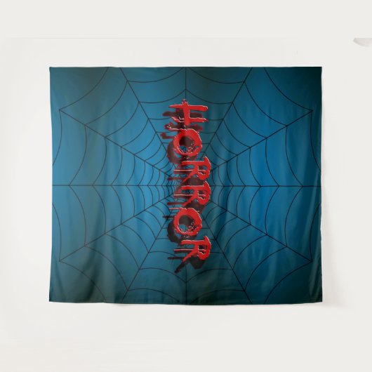 ハロウィンパーティー 赤い恐怖の蜘蛛の巣 青い怖い タペストリー (正面(横))