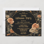 ハロウィンパーティー 邪悪な黒いカラス オレンジの花 招待状 (裏面)