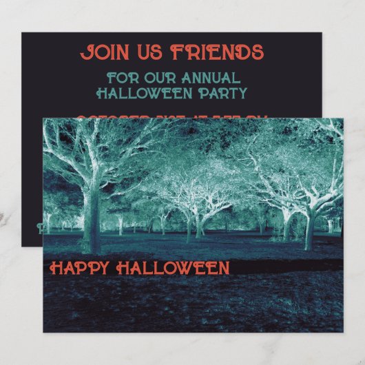 ハロウィンパーティー 青と緑のテーマ 怖い森 招待状 (正面/裏面)