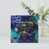 ハロウィンパーティー 青緑のマスク マスカレードパーティー 招待状 (スタンド正面)