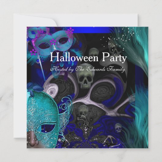 ハロウィンパーティー 青緑のマスク マスカレードパーティー 招待状 (正面)