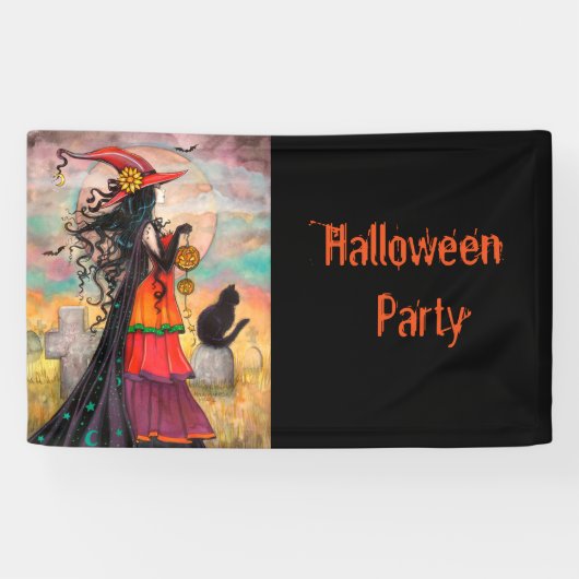 ハロウィンパーティー 魔女と猫のファンタジーアート 横断幕 (横)