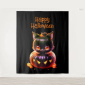 ハロウィンパーティー 黒猫 かぼちゃ ホラー 怖い タペストリー (正面)