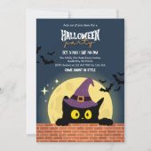 ハロウィンパーティー 黒猫 月 コウモリ 魔女の帽子 スプーキー 招待状 (正面)