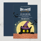 ハロウィンパーティー 黒猫 月 コウモリ 魔女の帽子 スプーキー 招待状 (正面/裏面)