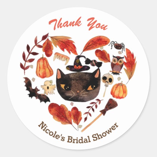 ハロウィンパーティー 黒猫 水彩画 風変わり ラウンドシール (正面)