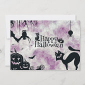 ハロウィンパーティー 黒猫 邪悪なカボチャ 怖いフクロウ 招待状 (正面)
