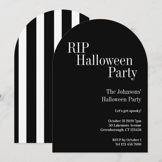 ハロウィンパーティー RIP 黒白ストライプ 招待状 (正面/裏面)