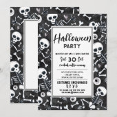 ハロウィンパーティ おばけスケルトン 黒 白 招待状 (正面/裏面)