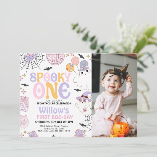 ハロウィンパープルおばけ1歳の誕生日 招待状 (スタンド正面)