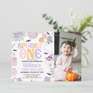 ハロウィンパープルおばけ1歳の誕生日 招待状