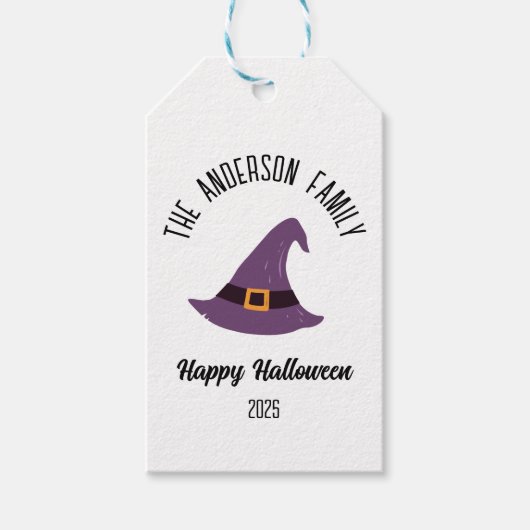 ハロウィンパープルウィッチハットパーソナライズされた名 ギフトタグ (正面)