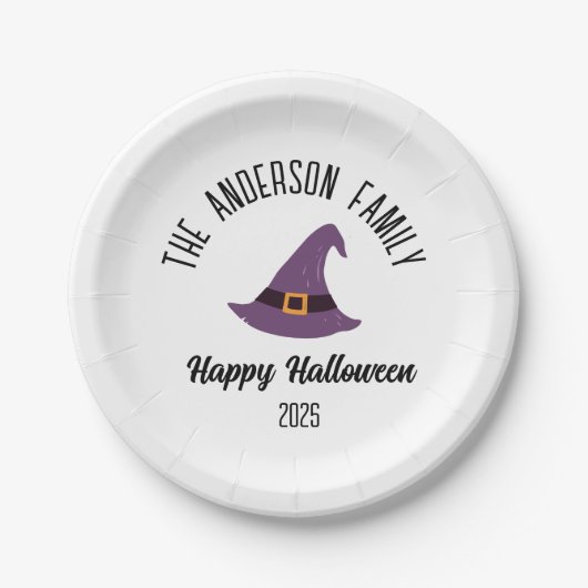 ハロウィンパープルウィッチハットパーソナライズされた名 ペーパープレート (正面)
