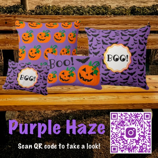 ハロウィンパープルバックグラウンドオレンジハロウィーンのカボチャのちょうちん クッション