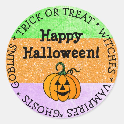 ハロウィンパープル、グリーン、オレンジカボチャのステッカー ラウンドシール (正面)