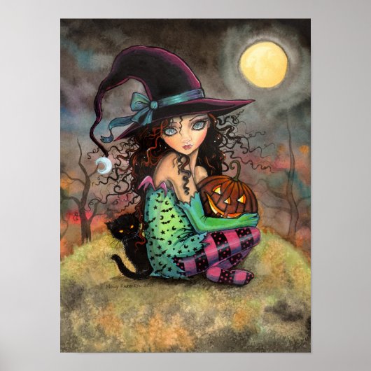 ハロウィンヒルの可愛いゴシックウィッチと猫の芸術 ポスター (正面)