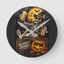 ハロウィンビールスケルトンのかわいいお化けの壁掛け時計