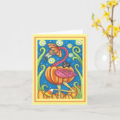 ハロウィンピンクのフラミンゴ黒猫がオレンジのランタンに Blank カード (黄色い花)