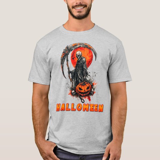 ハロウィンファン必見のダークなフード付き死神と月のシーン Tシャツ (正面)
