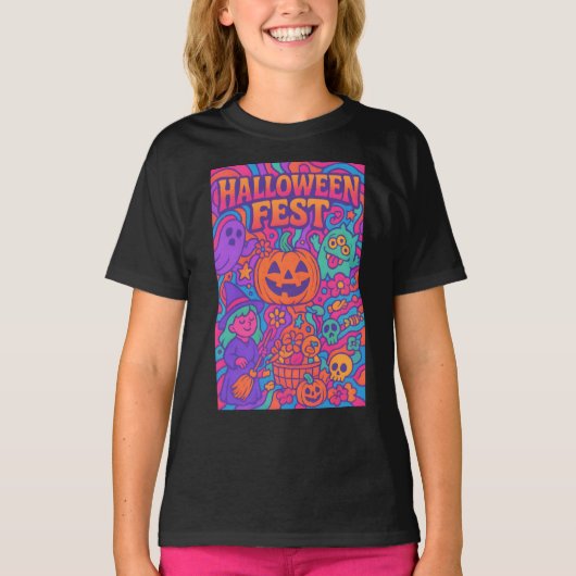 ハロウィンフェストカラフルレトロオス女子ユニセックス Tシャツ (正面)