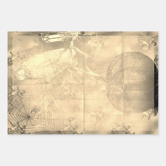 ハロウィンフクロウとカボチャヴィンテージ不気味 ラッピングペーパーシート (正面2)