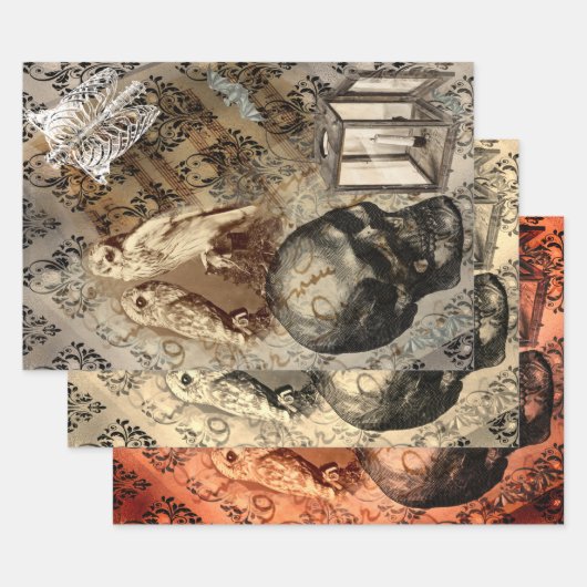 ハロウィンフクロウとスカルヴィンテージ模様 ラッピングペーパーシート (セット)