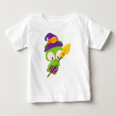 ハロウィンフクロウ、かわいいフクロウ、グリーンフクロウ、ウィッチほうき ベビーTシャツ (正面)