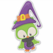 ハロウィンフクロウ、かわいいフクロウ、グリーンフクロウ、ウィッチハット シール (正面)