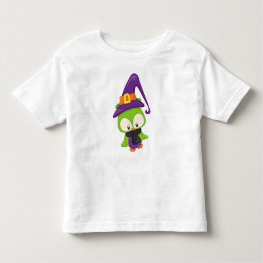 ハロウィンフクロウ、かわいいフクロウ、グリーンフクロウ、ウィッチハット トドラーTシャツ (正面)